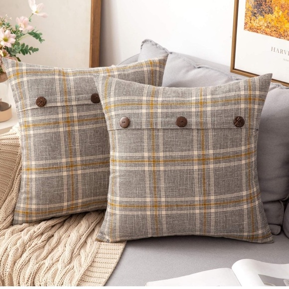 Farmhouse Plaid Linen Grey Tan Cream Striped Button Throw Pillow Decor Cover - Picture 6 of 6